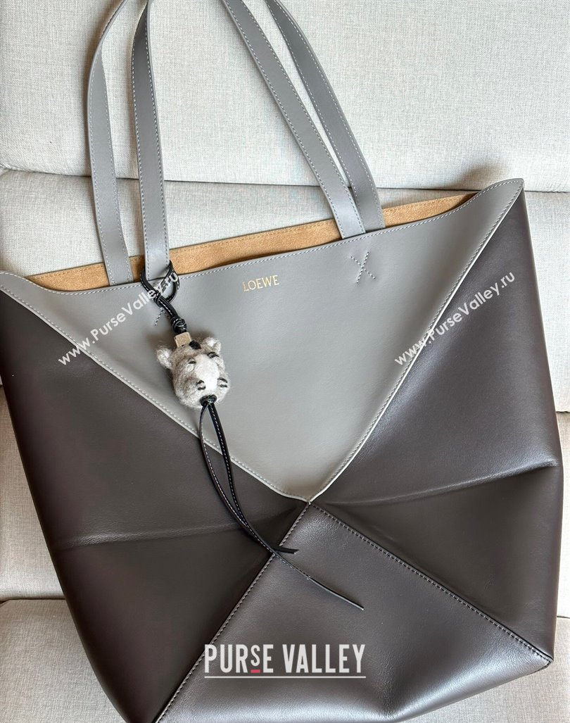 Loewe Large Puzzle Fold Tote Bag in patchwork calfskin Pearl/Dark Grey 2024 (nana-240920068)