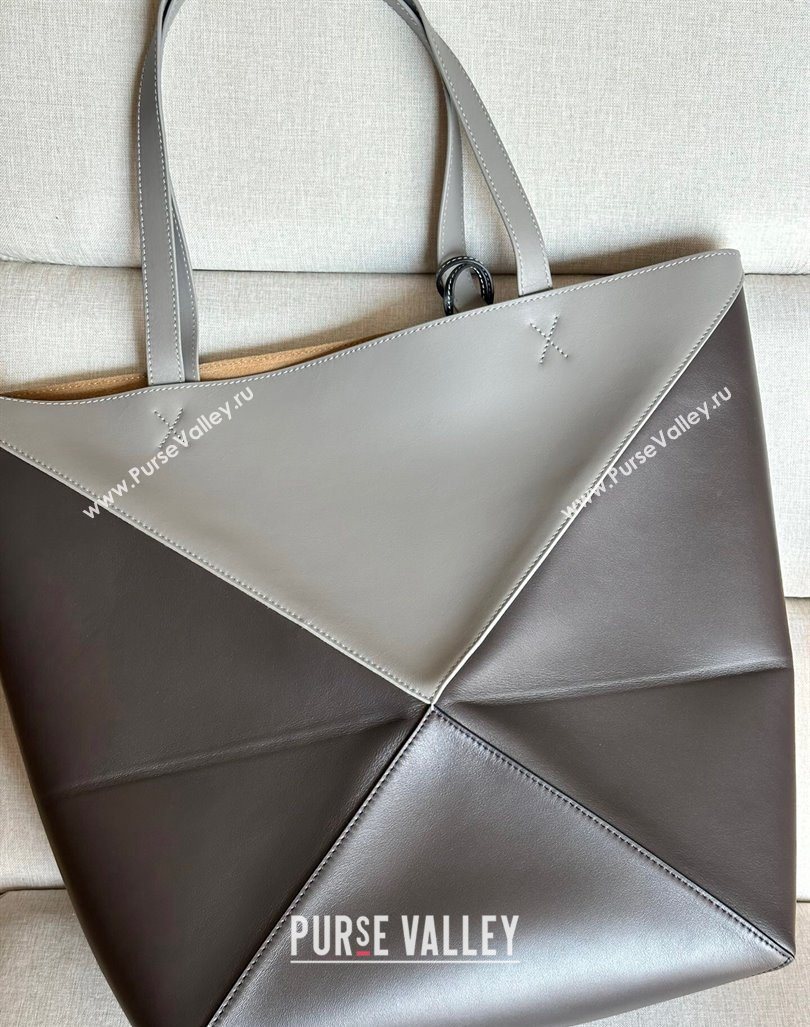 Loewe Large Puzzle Fold Tote Bag in patchwork calfskin Pearl/Dark Grey 2024 (nana-240920068)