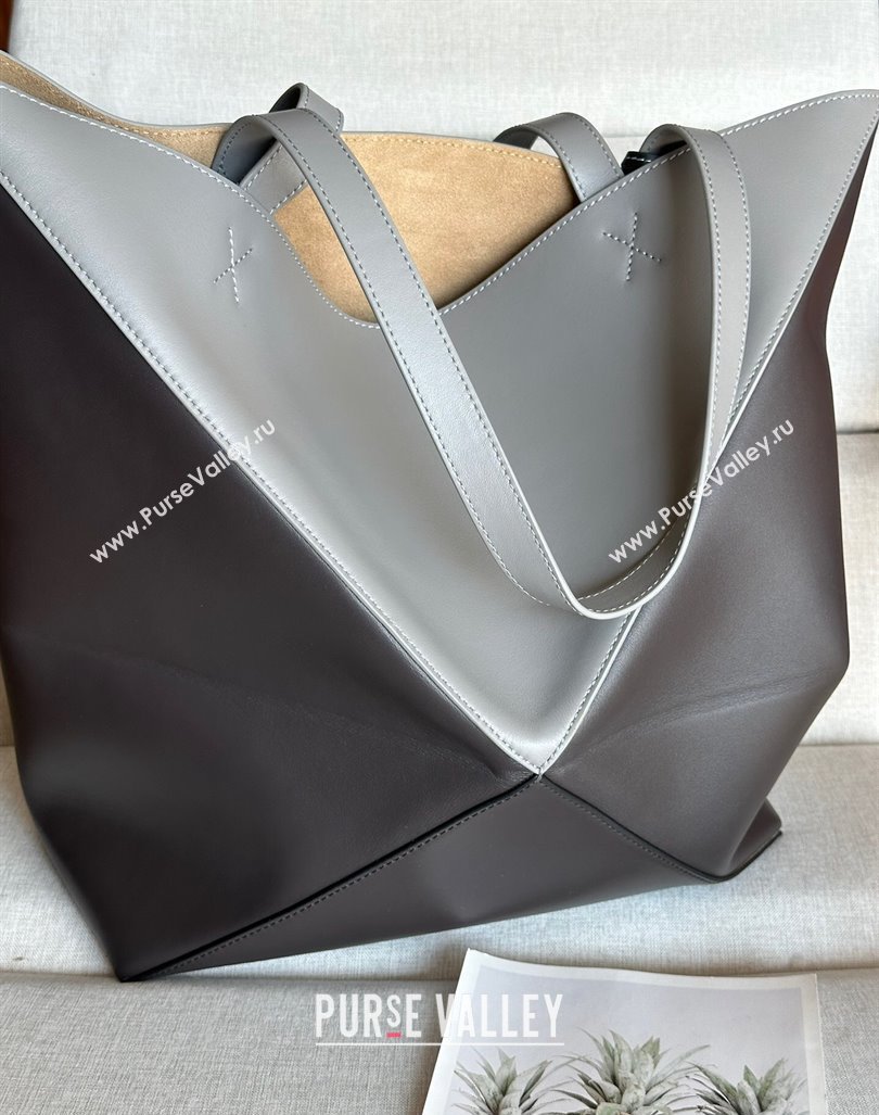 Loewe Large Puzzle Fold Tote Bag in patchwork calfskin Pearl/Dark Grey 2024 (nana-240920068)