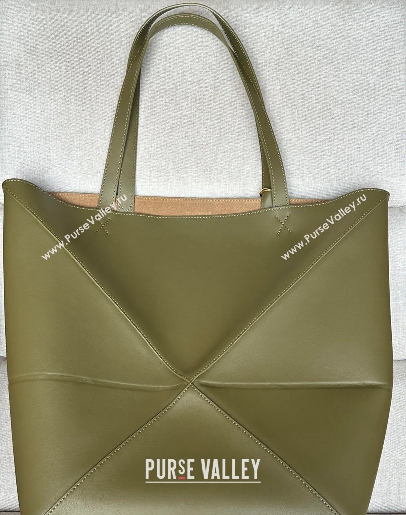 Loewe Large Puzzle Fold Tote Bag in shiny calfskin Olive Green 2024 (nana-240920069)