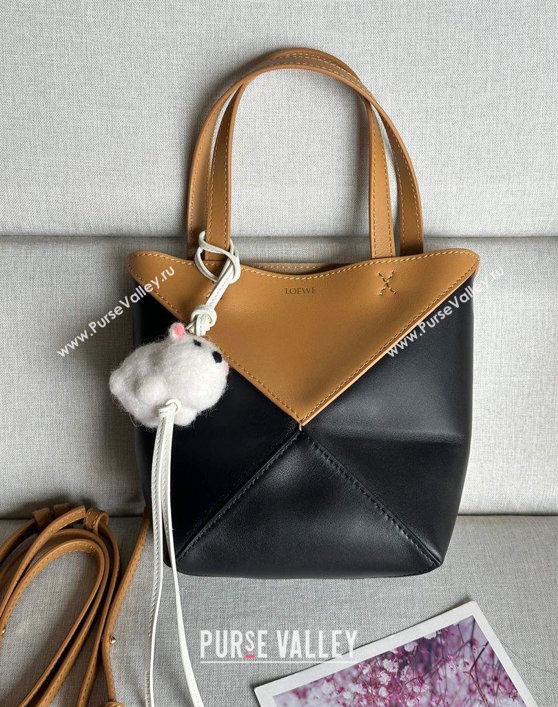 Loewe Mini Puzzle Fold Tote Bag in patchwork calfskin Black/Brown 2024 (nana-240920051)