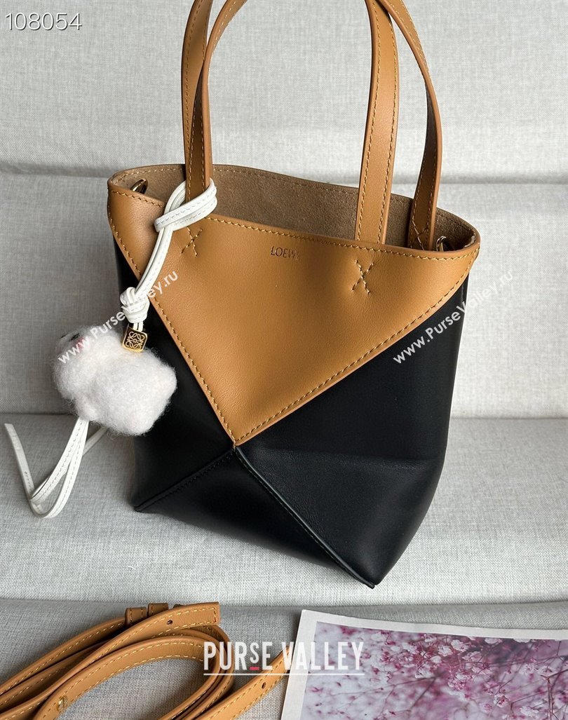 Loewe Mini Puzzle Fold Tote Bag in patchwork calfskin Black/Brown 2024 (nana-240920051)