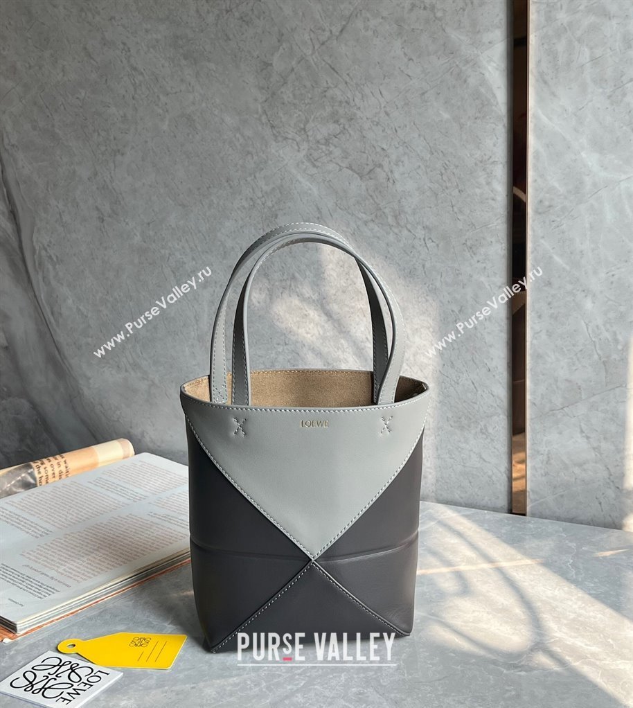 Loewe Mini Puzzle Fold Tote Bag in patchwork calfskin Light Grey/Dark Grey 2024 (nana-240920052)