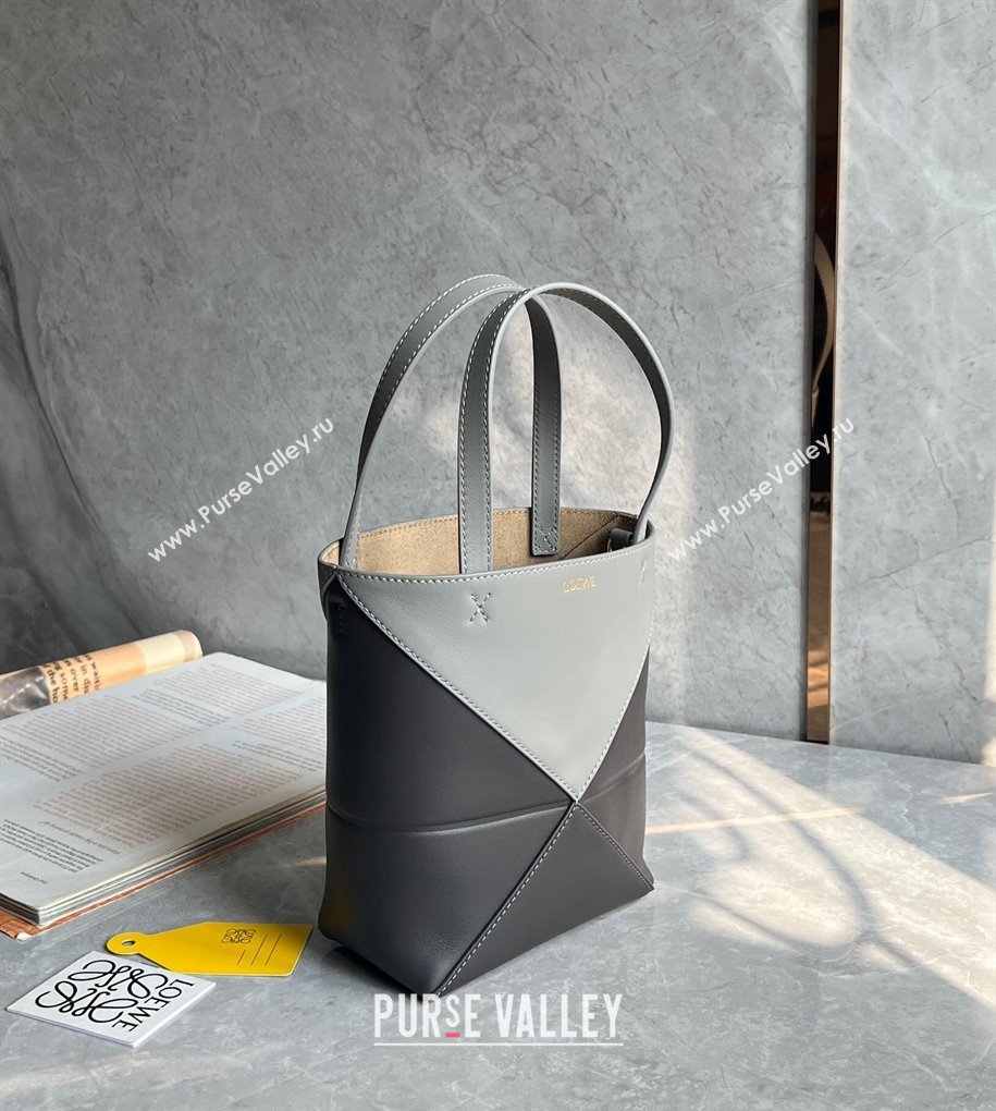 Loewe Mini Puzzle Fold Tote Bag in patchwork calfskin Light Grey/Dark Grey 2024 (nana-240920052)