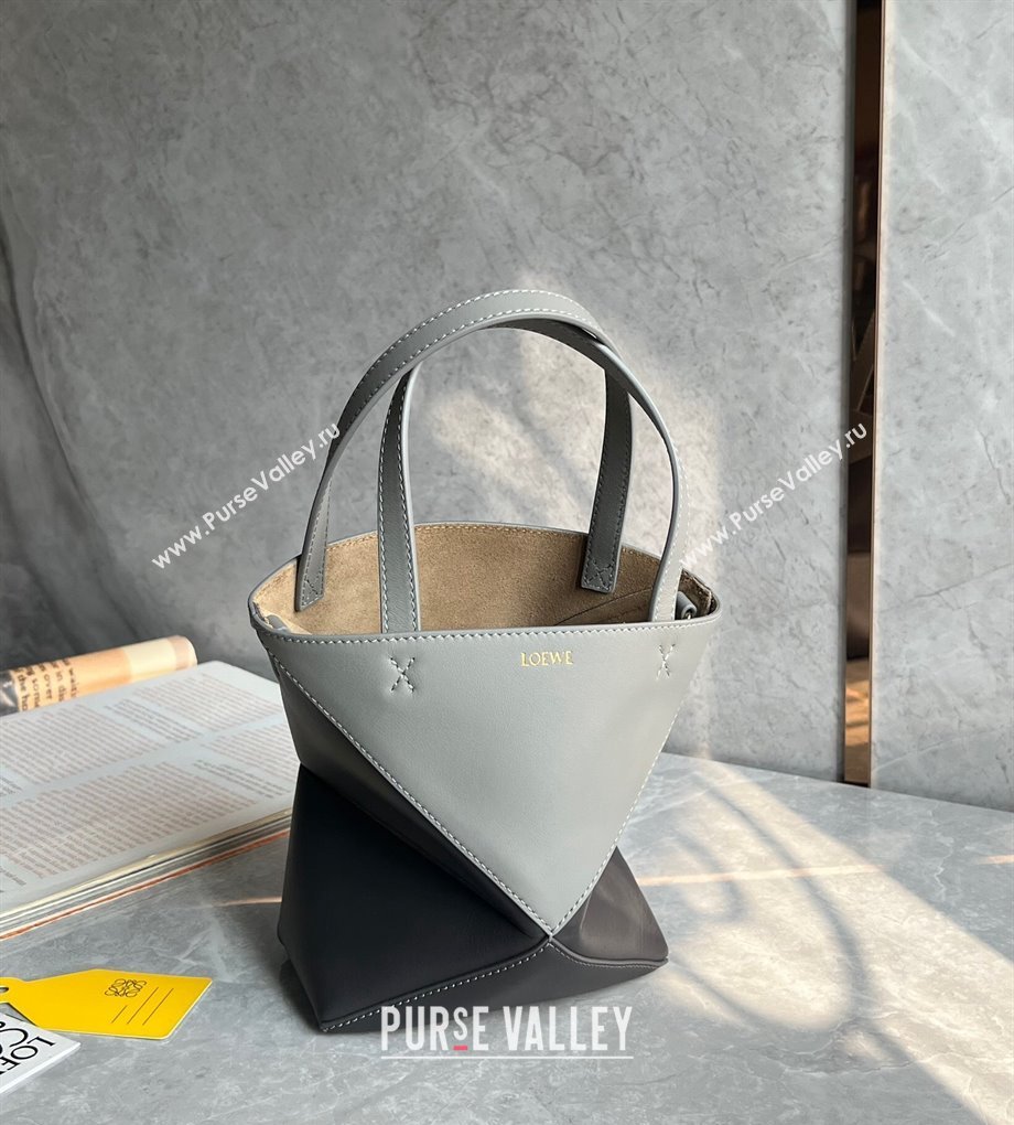 Loewe Mini Puzzle Fold Tote Bag in patchwork calfskin Light Grey/Dark Grey 2024 (nana-240920052)