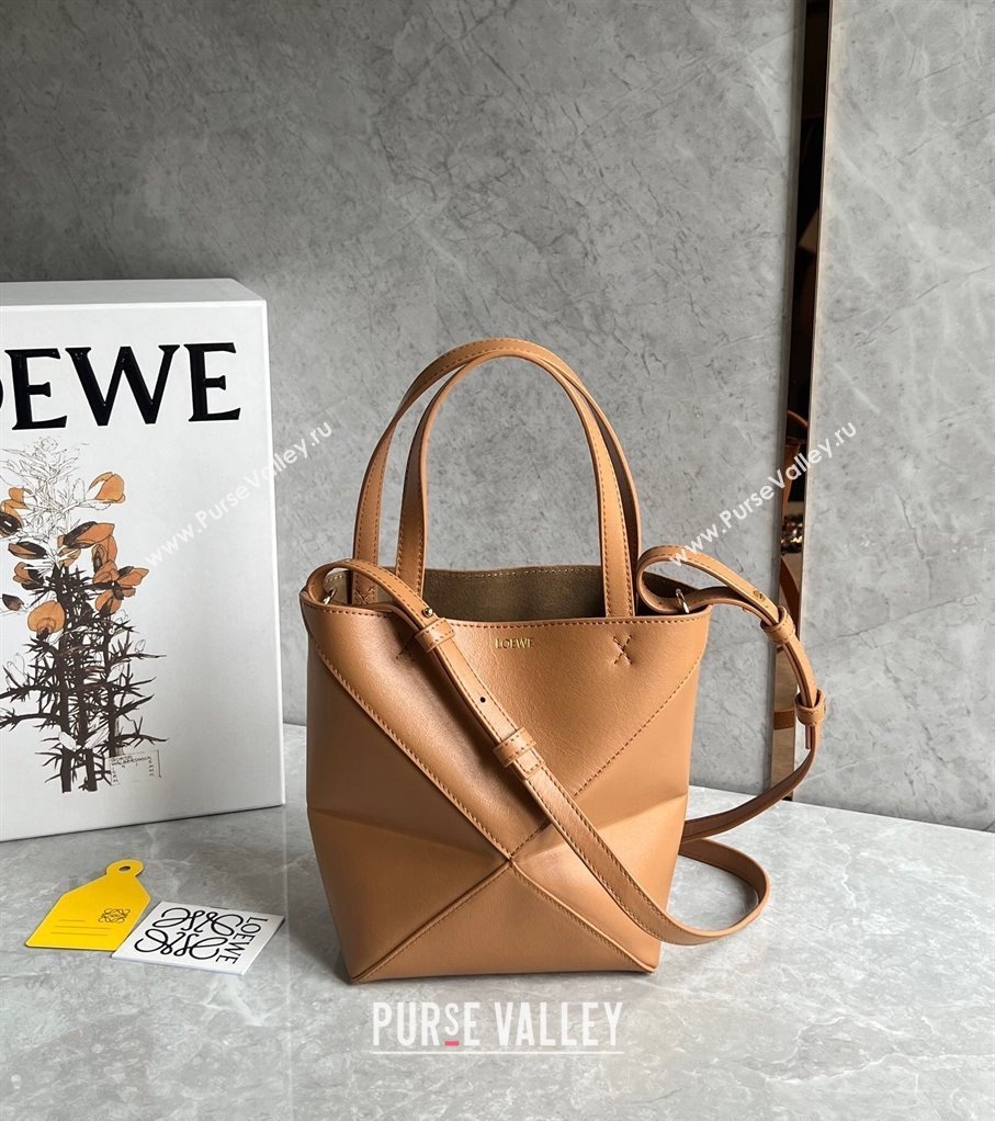 Loewe Mini Puzzle Fold Tote Bag in shiny calfskin Warm Desert Brown 2024 (nana-240920054)