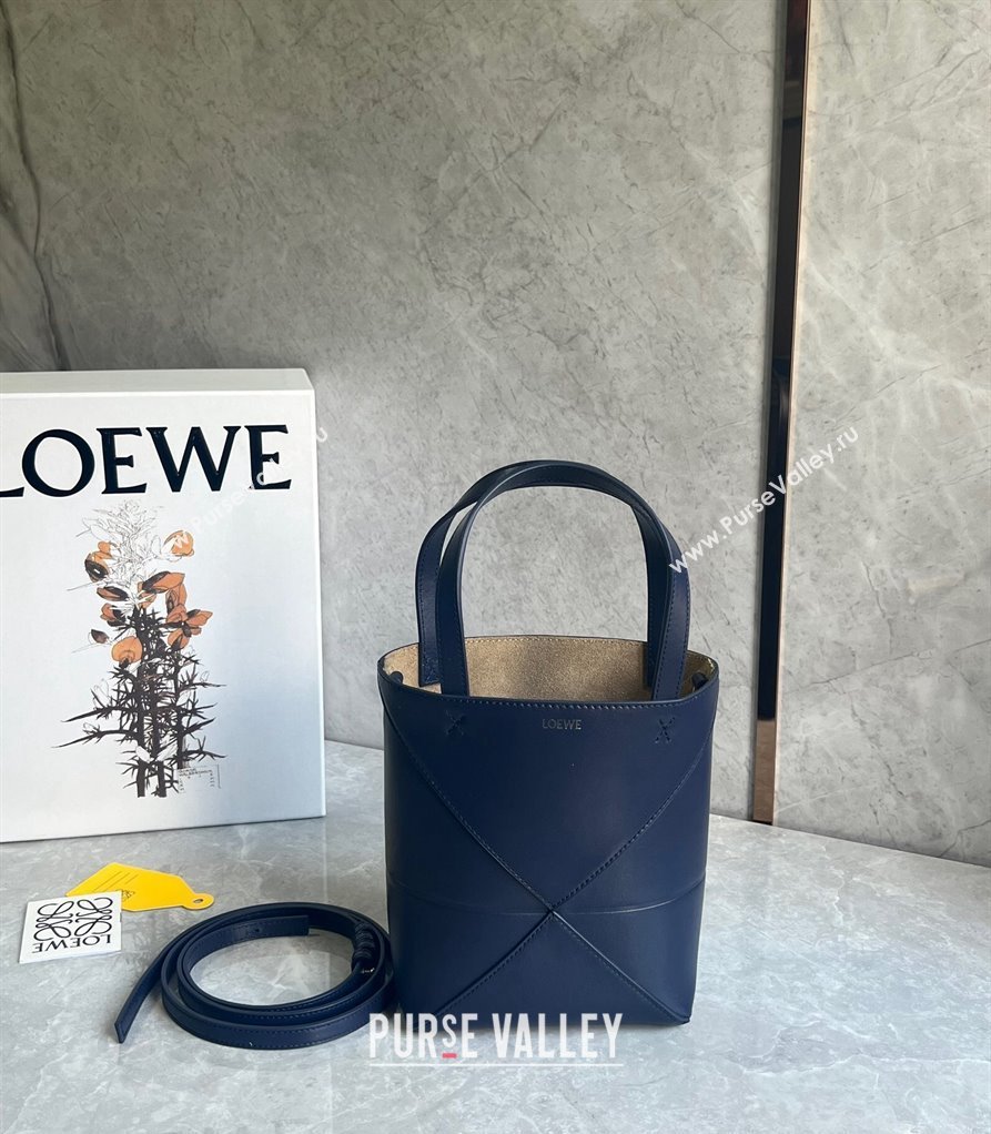 Loewe Mini Puzzle Fold Tote Bag in patchwork calfskin Abyss Blue 2024 (nana-240920055)