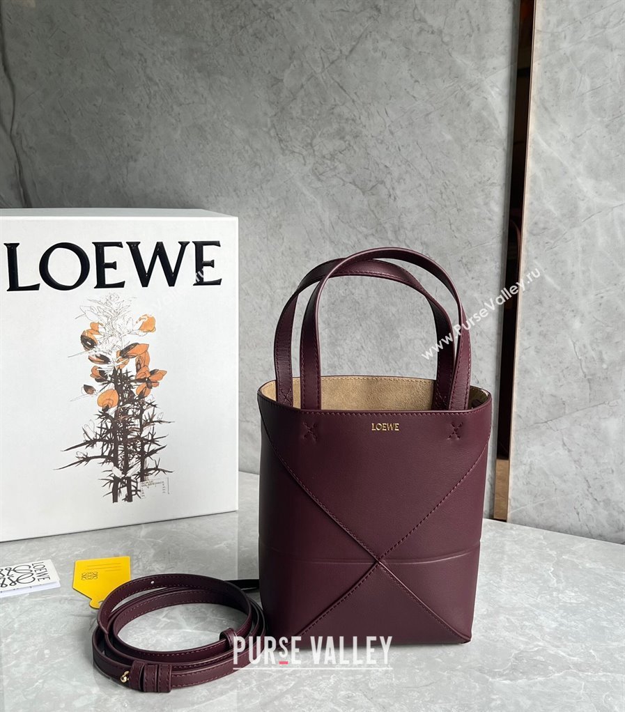 Loewe Mini Puzzle Fold Tote Bag in shiny calfskin Dark Burgundy 2024 (nana-240920056)