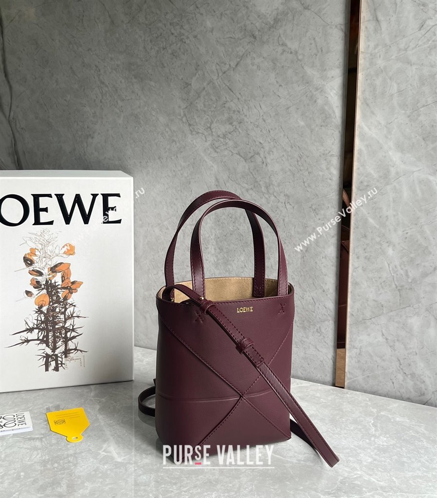 Loewe Mini Puzzle Fold Tote Bag in shiny calfskin Dark Burgundy 2024 (nana-240920056)