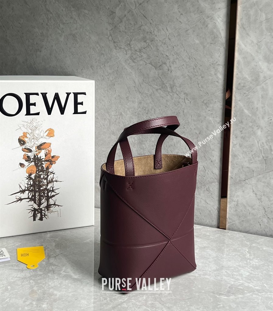 Loewe Mini Puzzle Fold Tote Bag in shiny calfskin Dark Burgundy 2024 (nana-240920056)