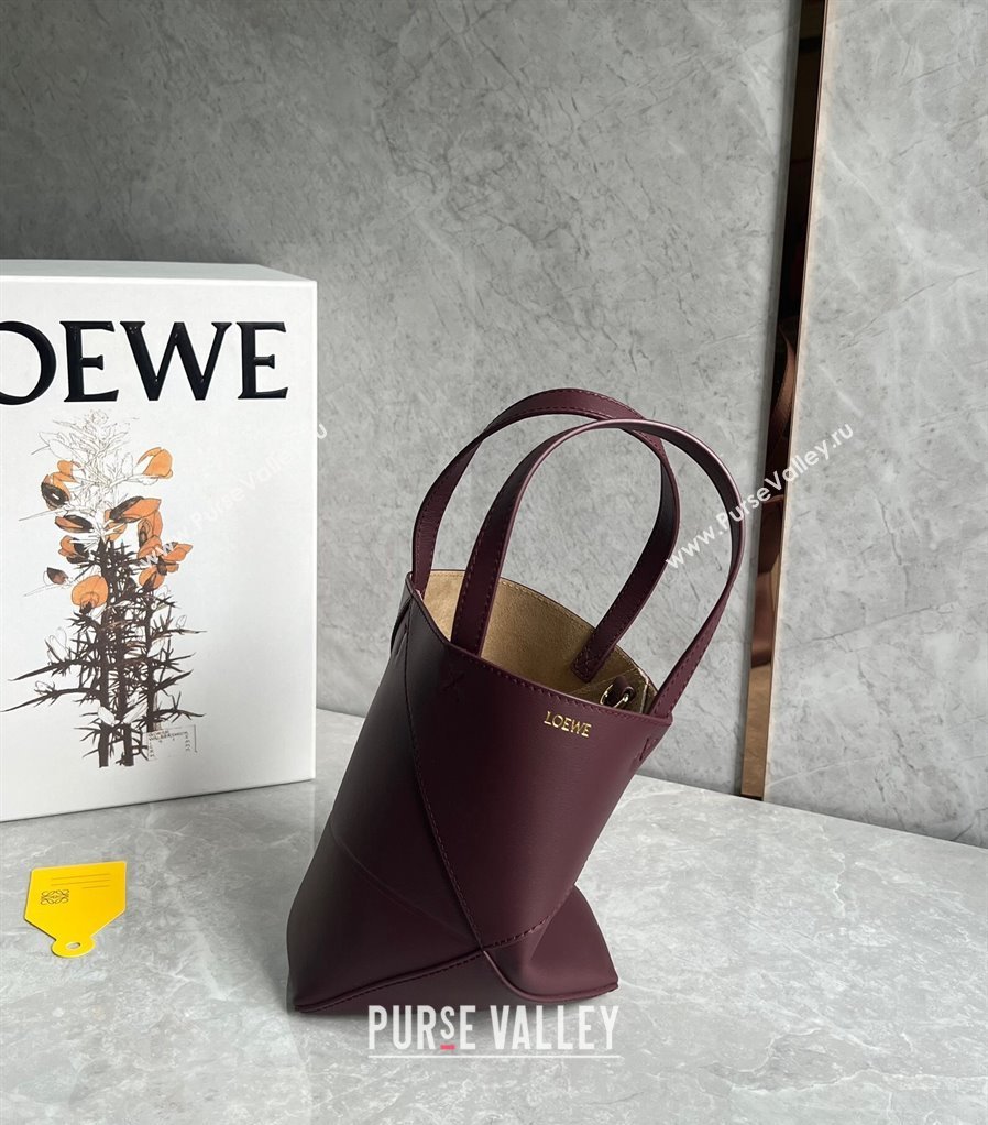 Loewe Mini Puzzle Fold Tote Bag in shiny calfskin Dark Burgundy 2024 (nana-240920056)