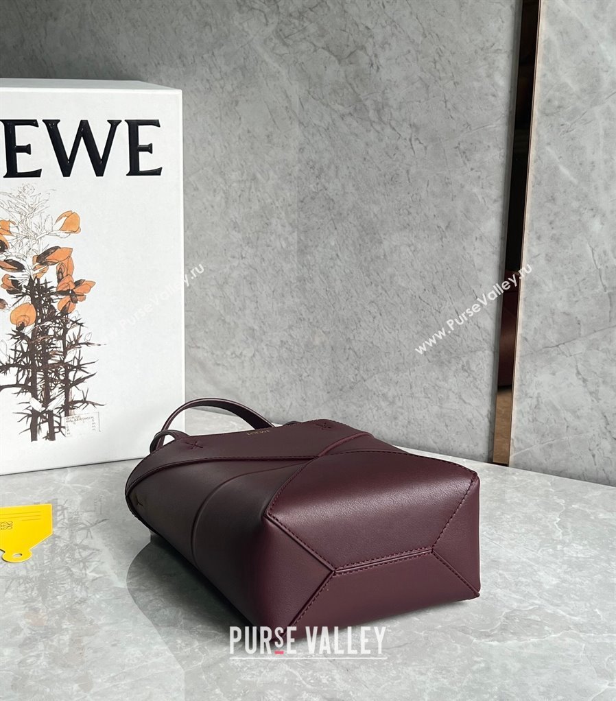 Loewe Mini Puzzle Fold Tote Bag in shiny calfskin Dark Burgundy 2024 (nana-240920056)