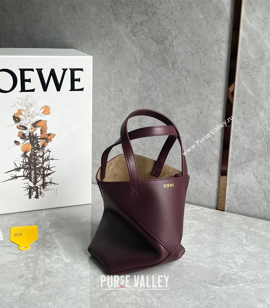 Loewe Mini Puzzle Fold Tote Bag in shiny calfskin Dark Burgundy 2024 (nana-240920056)