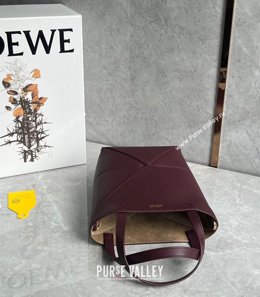 Loewe Mini Puzzle Fold Tote Bag in shiny calfskin Dark Burgundy 2024 (nana-240920056)