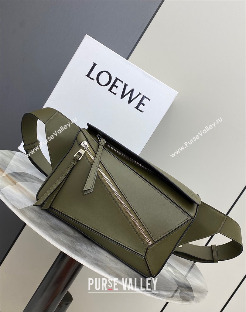 Loewe Small Puzzle Bumbag in Classic Calfskin Olive Green 2024 10176 (nana-24103003)