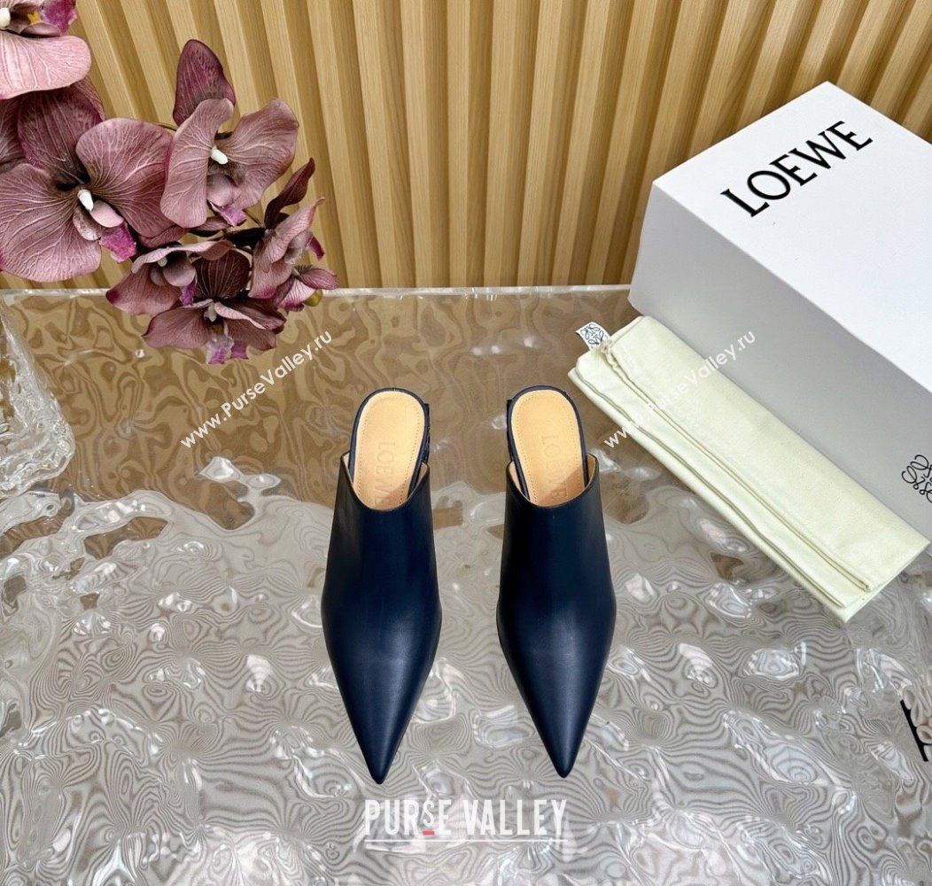 Loewe Calfskin Heel Mules with Logo Heel 4.5cm Navy Blue 2024 1113 (MD-241113056)