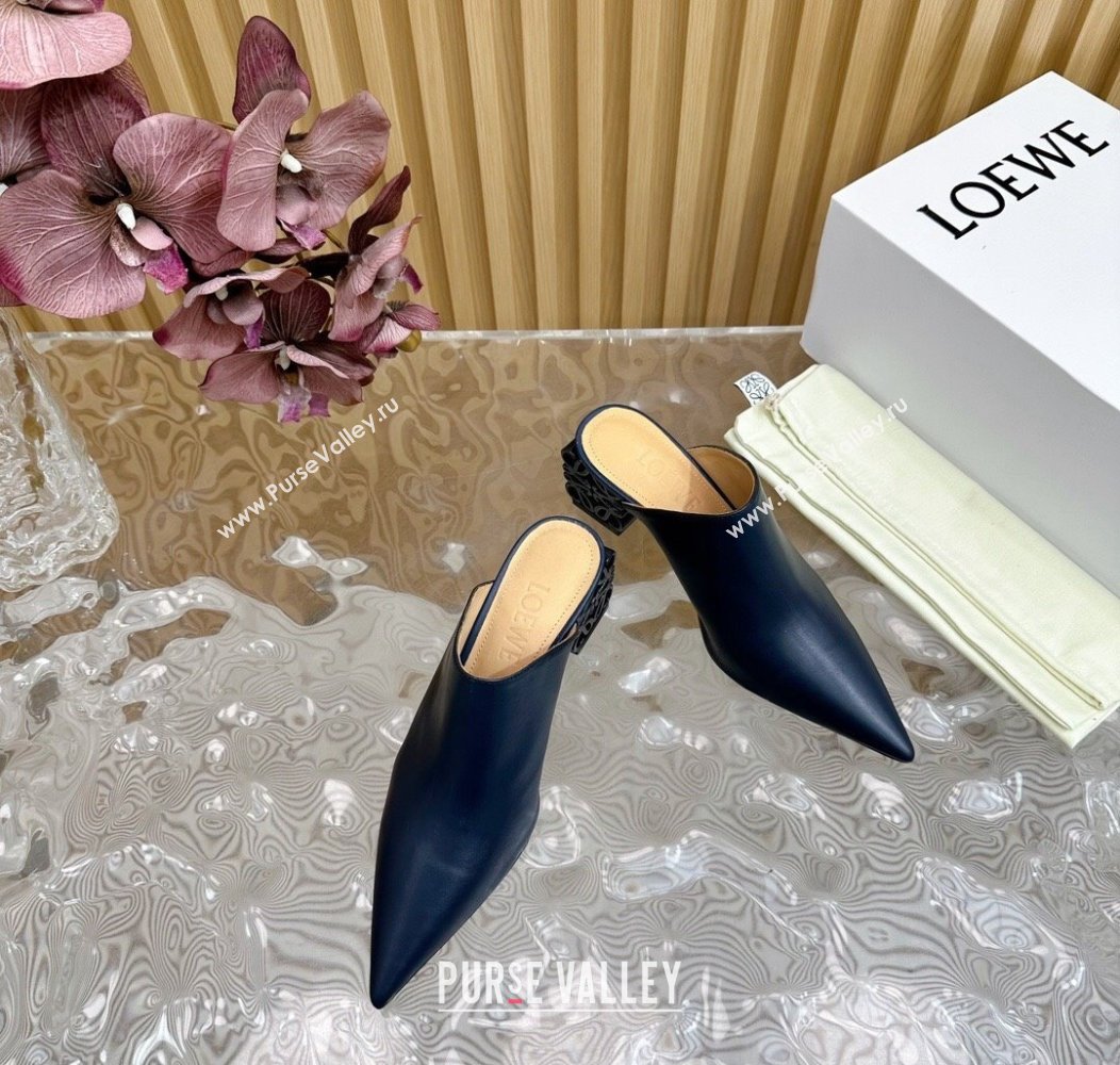 Loewe Calfskin Heel Mules with Logo Heel 4.5cm Navy Blue 2024 1113 (MD-241113056)