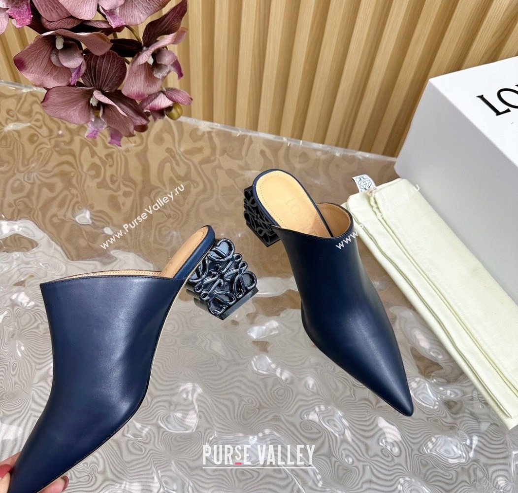 Loewe Calfskin Heel Mules with Logo Heel 4.5cm Navy Blue 2024 1113 (MD-241113056)