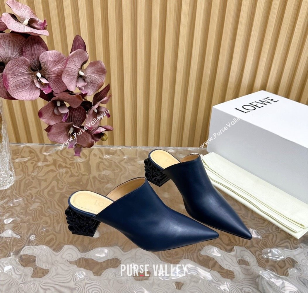 Loewe Calfskin Heel Mules with Logo Heel 4.5cm Navy Blue 2024 1113 (MD-241113056)