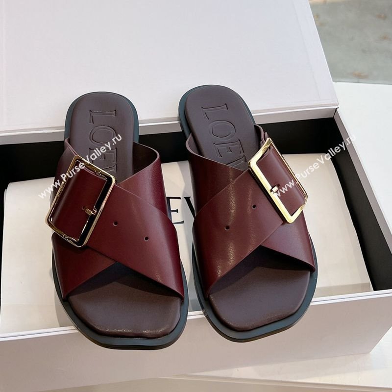 Loewe Campo Calfskin Flat Slides Sandal with Buckle Strap Dark Burgundy 2025 G022 (KL-250221078)