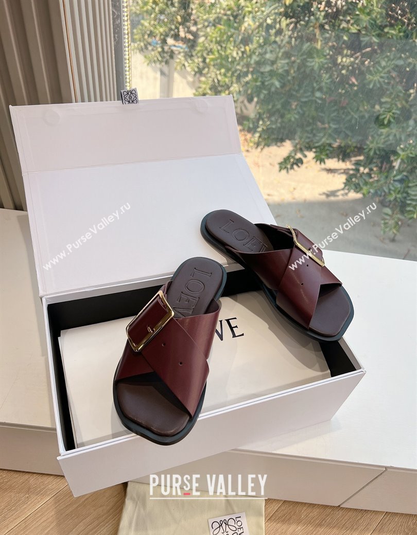 Loewe Campo Calfskin Flat Slides Sandal with Buckle Strap Dark Burgundy 2025 G022 (KL-250221078)