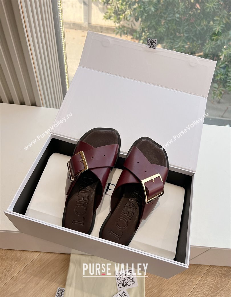 Loewe Campo Calfskin Flat Slides Sandal with Buckle Strap Dark Burgundy 2025 G022 (KL-250221078)