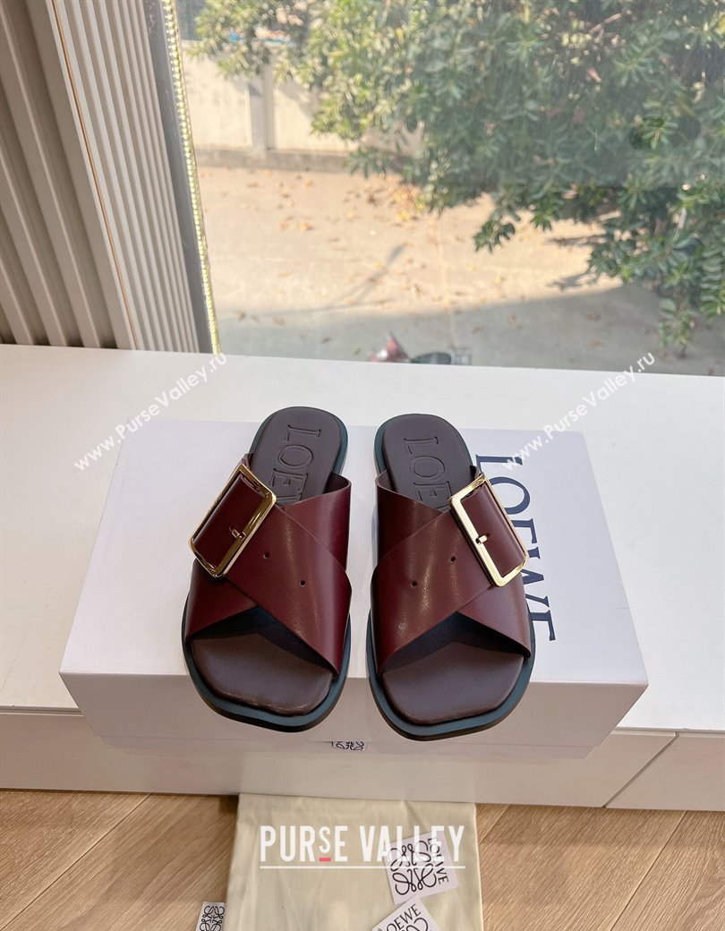 Loewe Campo Calfskin Flat Slides Sandal with Buckle Strap Dark Burgundy 2025 G022 (KL-250221078)