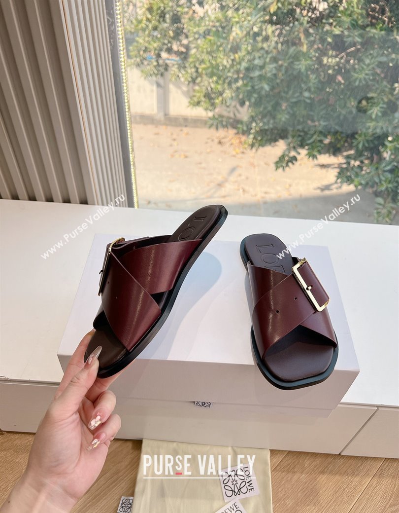 Loewe Campo Calfskin Flat Slides Sandal with Buckle Strap Dark Burgundy 2025 G022 (KL-250221078)