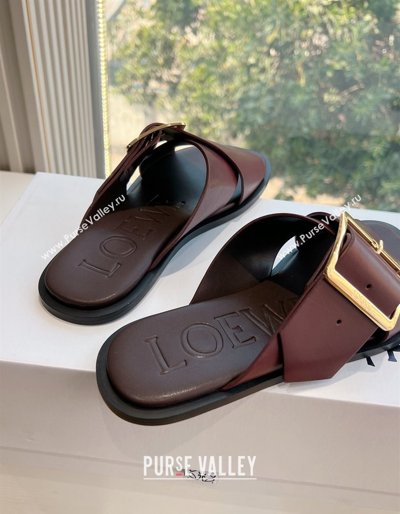 Loewe Campo Calfskin Flat Slides Sandal with Buckle Strap Dark Burgundy 2025 G022 (KL-250221078)