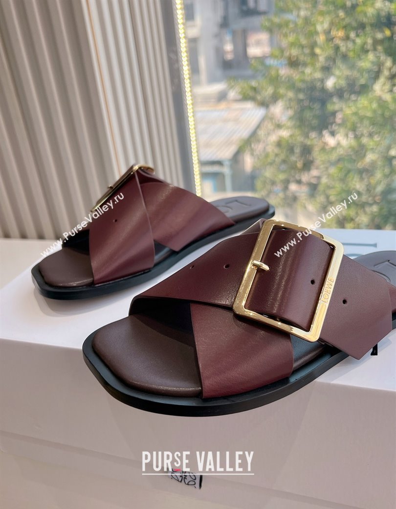 Loewe Campo Calfskin Flat Slides Sandal with Buckle Strap Dark Burgundy 2025 G022 (KL-250221078)