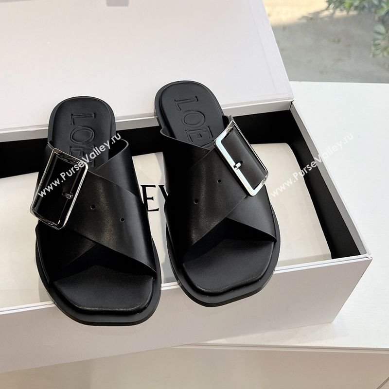 Loewe Campo Calfskin Flat Slides Sandal with Buckle Strap Black 2025 G022 (KL-250221079)