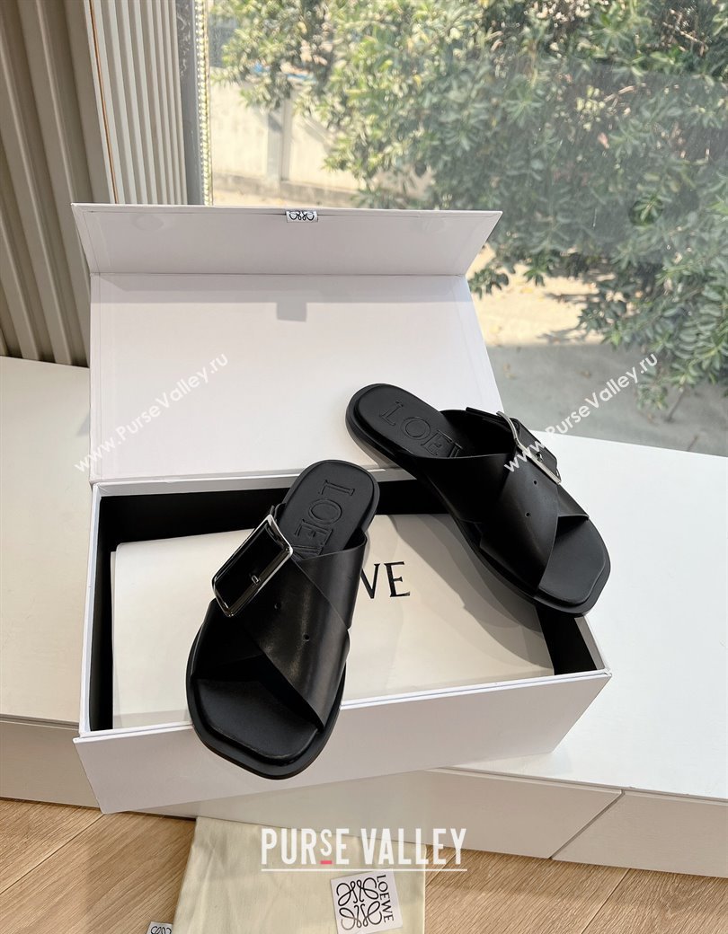 Loewe Campo Calfskin Flat Slides Sandal with Buckle Strap Black 2025 G022 (KL-250221079)