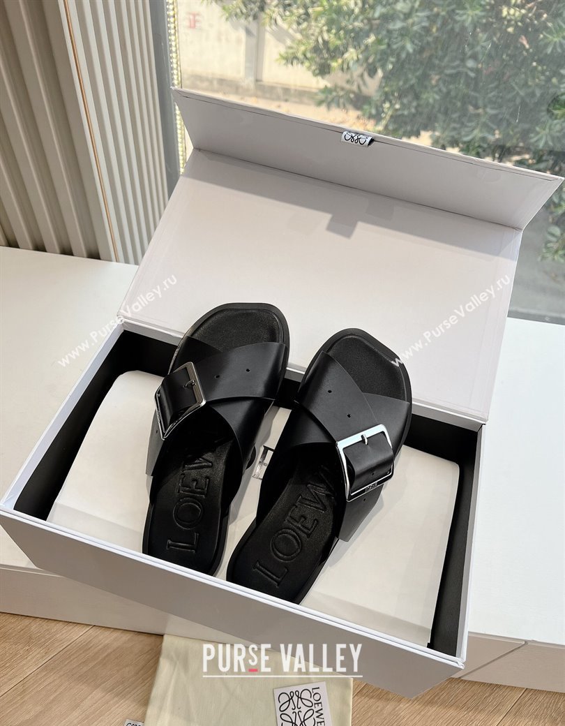 Loewe Campo Calfskin Flat Slides Sandal with Buckle Strap Black 2025 G022 (KL-250221079)