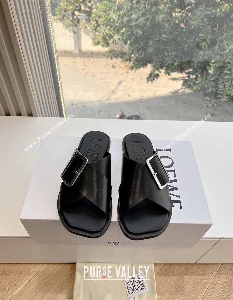 Loewe Campo Calfskin Flat Slides Sandal with Buckle Strap Black 2025 G022 (KL-250221079)