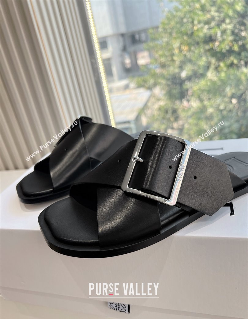 Loewe Campo Calfskin Flat Slides Sandal with Buckle Strap Black 2025 G022 (KL-250221079)