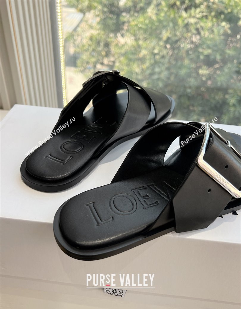 Loewe Campo Calfskin Flat Slides Sandal with Buckle Strap Black 2025 G022 (KL-250221079)