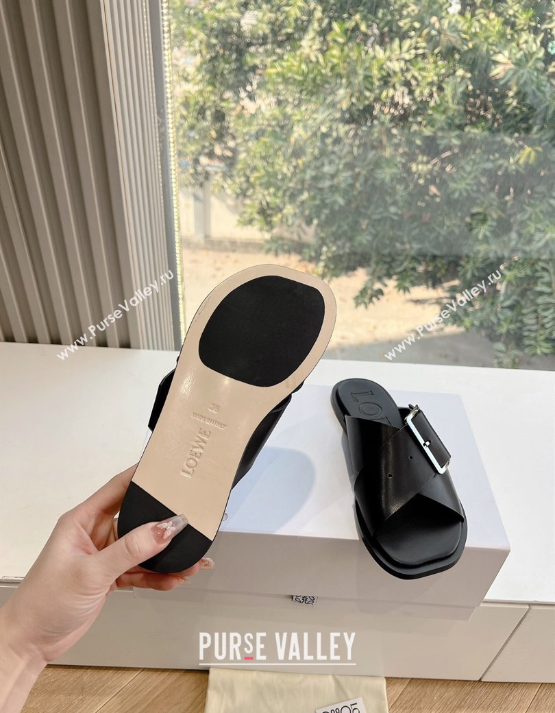 Loewe Campo Calfskin Flat Slides Sandal with Buckle Strap Black 2025 G022 (KL-250221079)