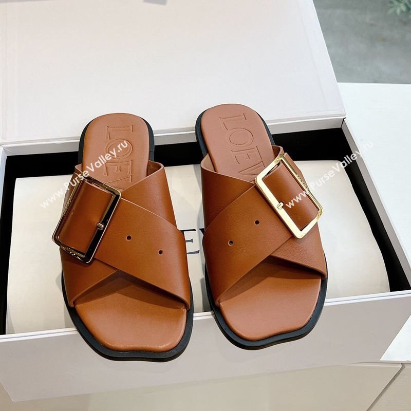 Loewe Campo Calfskin Flat Slides Sandal with Buckle Strap Brown 2025 G022 (KL-250221081)