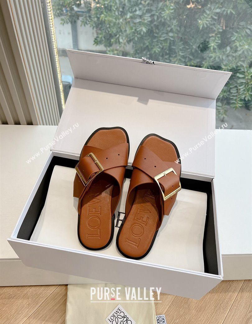 Loewe Campo Calfskin Flat Slides Sandal with Buckle Strap Brown 2025 G022 (KL-250221081)