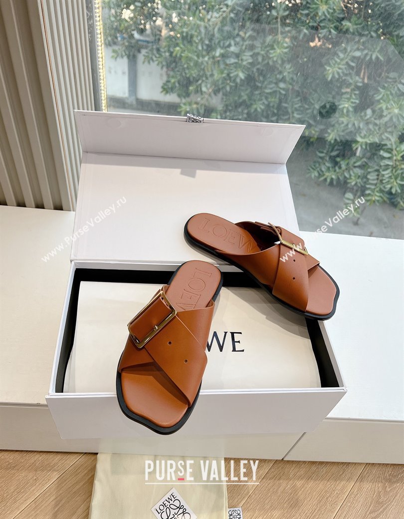 Loewe Campo Calfskin Flat Slides Sandal with Buckle Strap Brown 2025 G022 (KL-250221081)