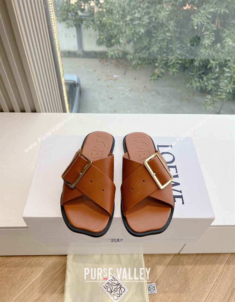 Loewe Campo Calfskin Flat Slides Sandal with Buckle Strap Brown 2025 G022 (KL-250221081)