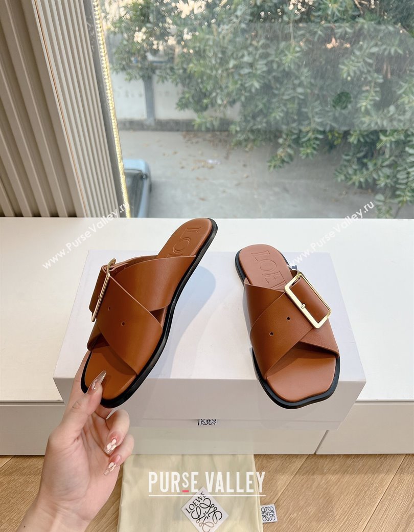 Loewe Campo Calfskin Flat Slides Sandal with Buckle Strap Brown 2025 G022 (KL-250221081)