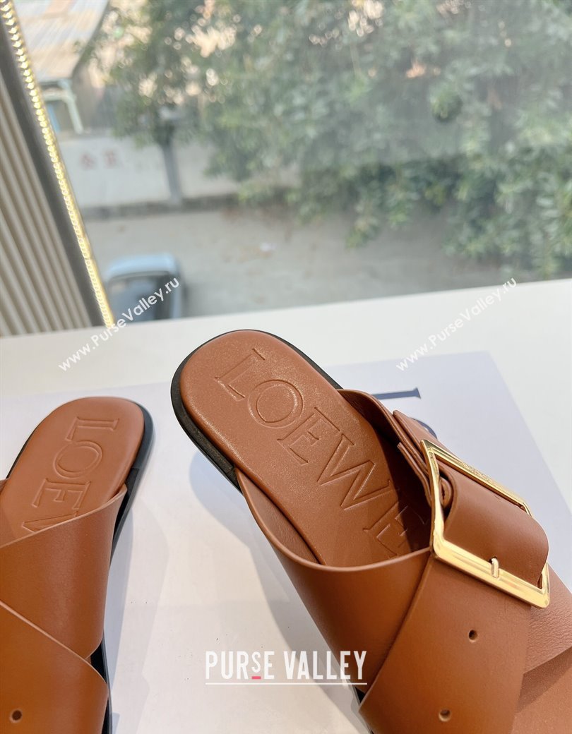 Loewe Campo Calfskin Flat Slides Sandal with Buckle Strap Brown 2025 G022 (KL-250221081)