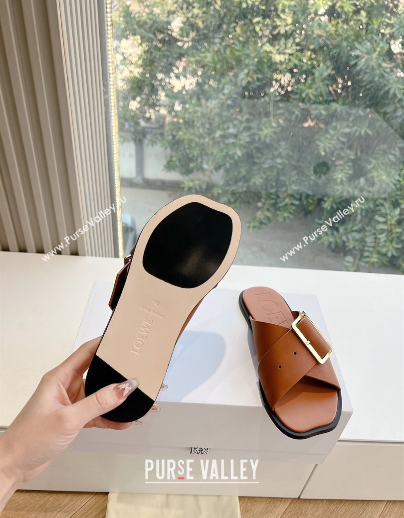 Loewe Campo Calfskin Flat Slides Sandal with Buckle Strap Brown 2025 G022 (KL-250221081)