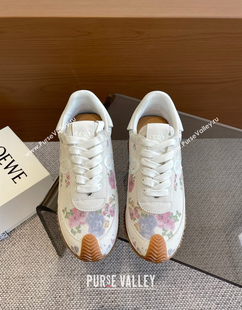 Loewe Womens Flow Runner Sneakers in White Flora Printed Suede 2025 LW022105 (KL-250221042)