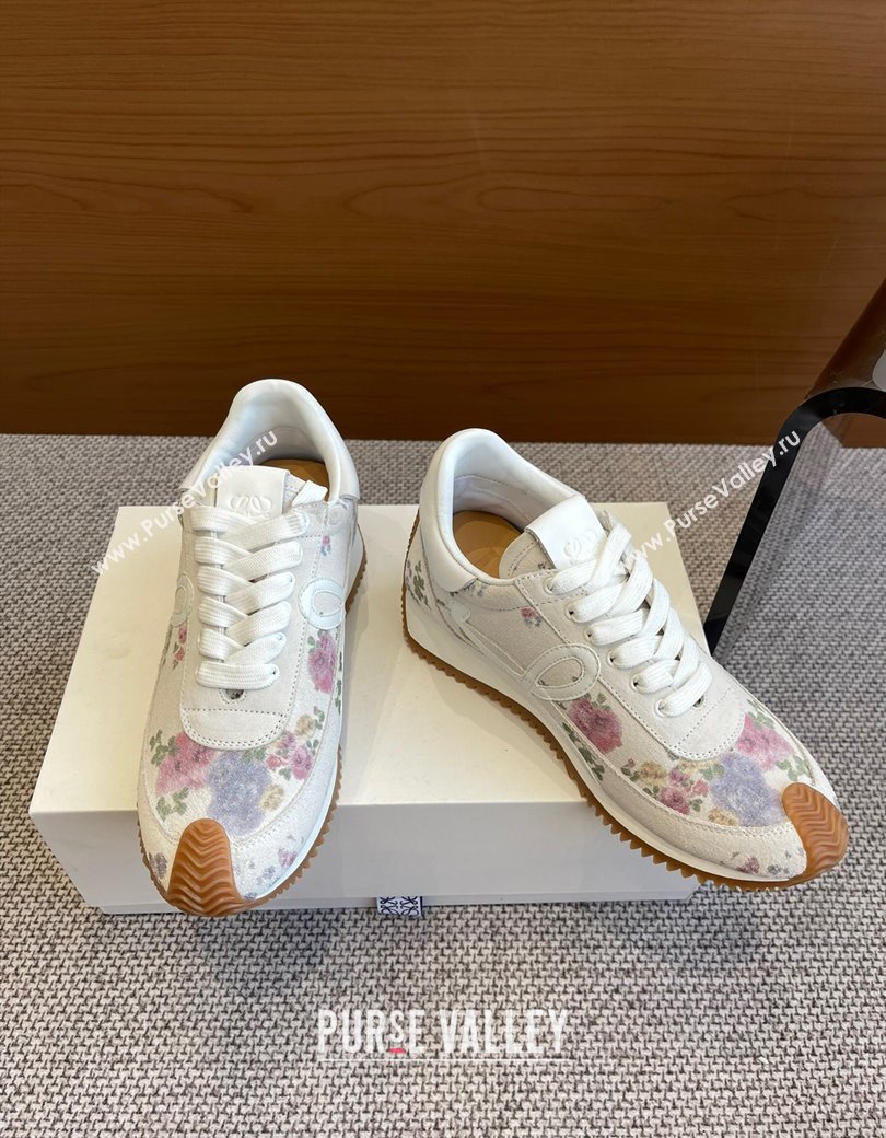 Loewe Womens Flow Runner Sneakers in White Flora Printed Suede 2025 LW022105 (KL-250221042)