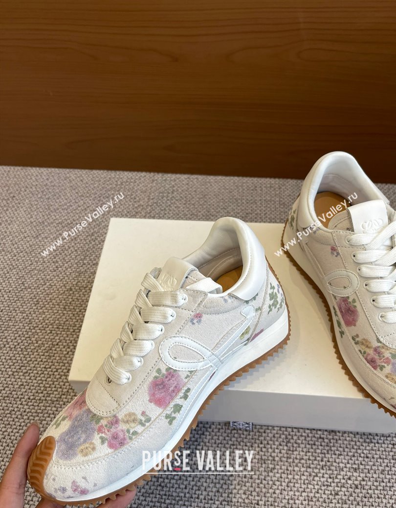 Loewe Womens Flow Runner Sneakers in White Flora Printed Suede 2025 LW022105 (KL-250221042)