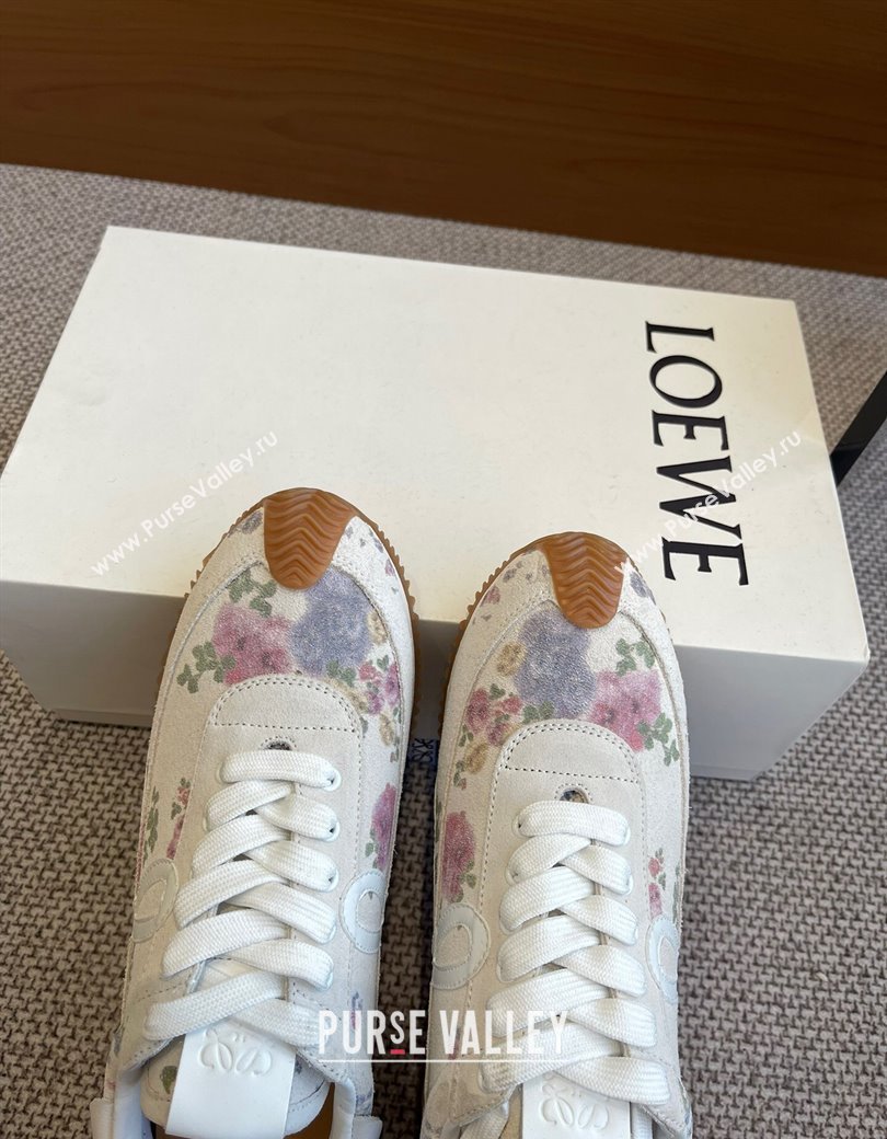 Loewe Womens Flow Runner Sneakers in White Flora Printed Suede 2025 LW022105 (KL-250221042)