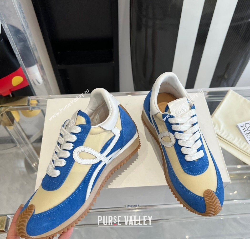Loewe Flow Runner Sneakers in calfskin, nylon and suede Beige/Blue 2025 LW02208 (KL-250221045)
