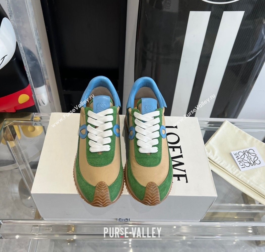 Loewe Flow Runner Sneakers in calfskin, nylon and suede Green/Beige 2025 LW02209 (KL-250221046)